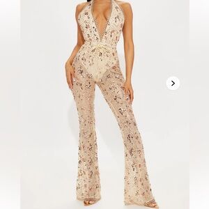 Fashion Nova - Beige/Gold Sequin Jumpsuit - XS